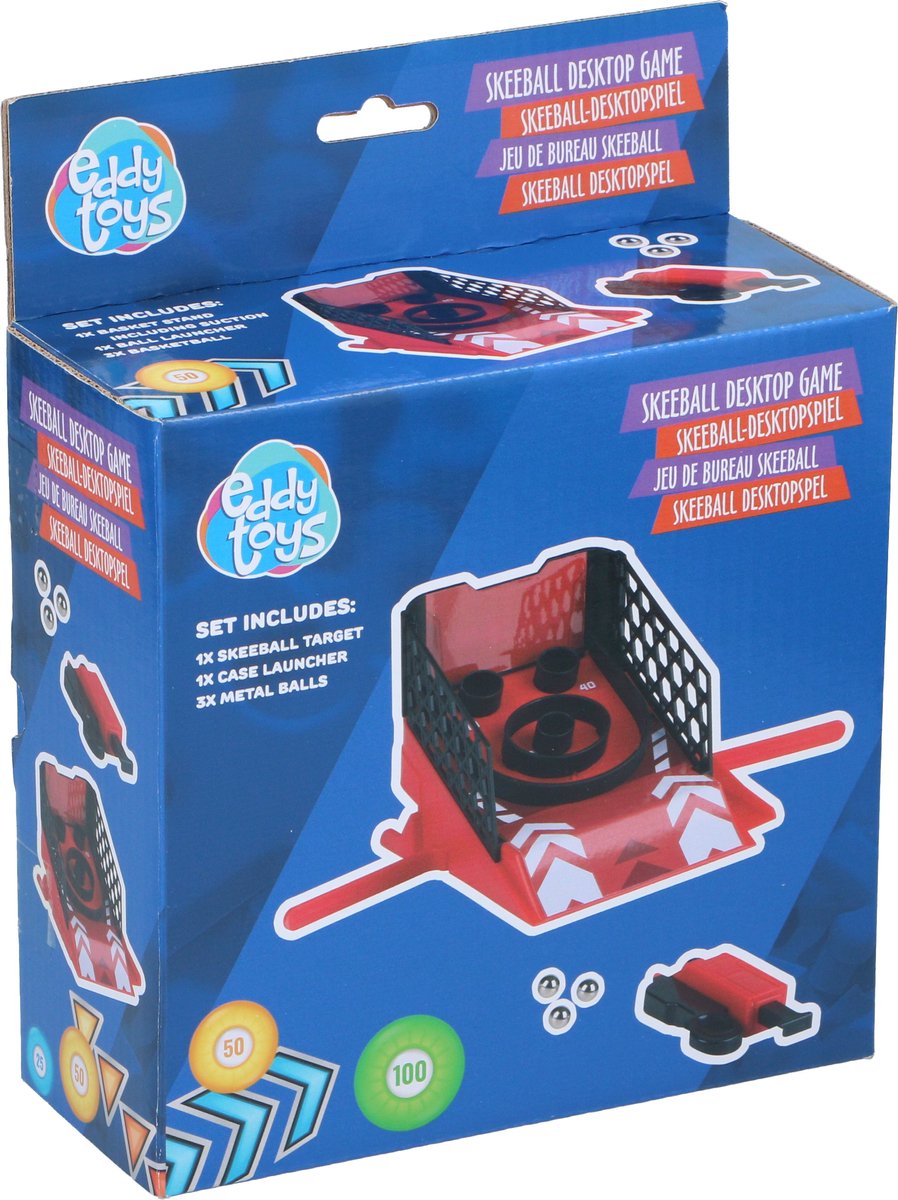 Eddy Toys Tisch-Skeeball-Spiel – Skeeball-Desktop-Spiel mit Werfer – inklusive 3 Metallkugeln – Tischmodell mit Punktezonen und Seitenschienen