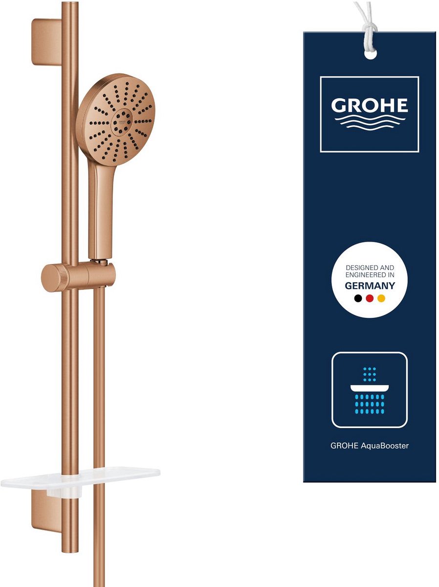 Grohe Vitalio Joy+ 120 Brauseset mit Brausestange – mit Brausekopf, Brauseschlauch Seifenschale – 3 Strahlarten – Aqua Booster – Wassersparend (7l min) – gebürsteter warmer Sonnenuntergang