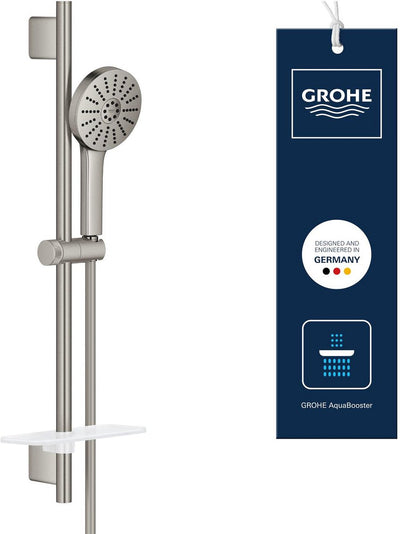Grohe Vitalio Joy+ 120 Brauseset mit Brausestange – mit Brausekopf, Brauseschlauch, Seifenschale – 3 Strahlarten – Aqua-Booster – Wassersparend (7l min) – Super Steel