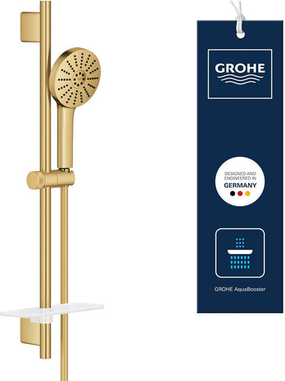 Grohe Vitalio Joy+ 120 Brauseset mit Brausestange – mit Brausekopf, Brauseschlauch Seifenschale – 3 Strahlarten – Aqua Booster – wassersparend (7l min) – gebürstet Cool Sunrise