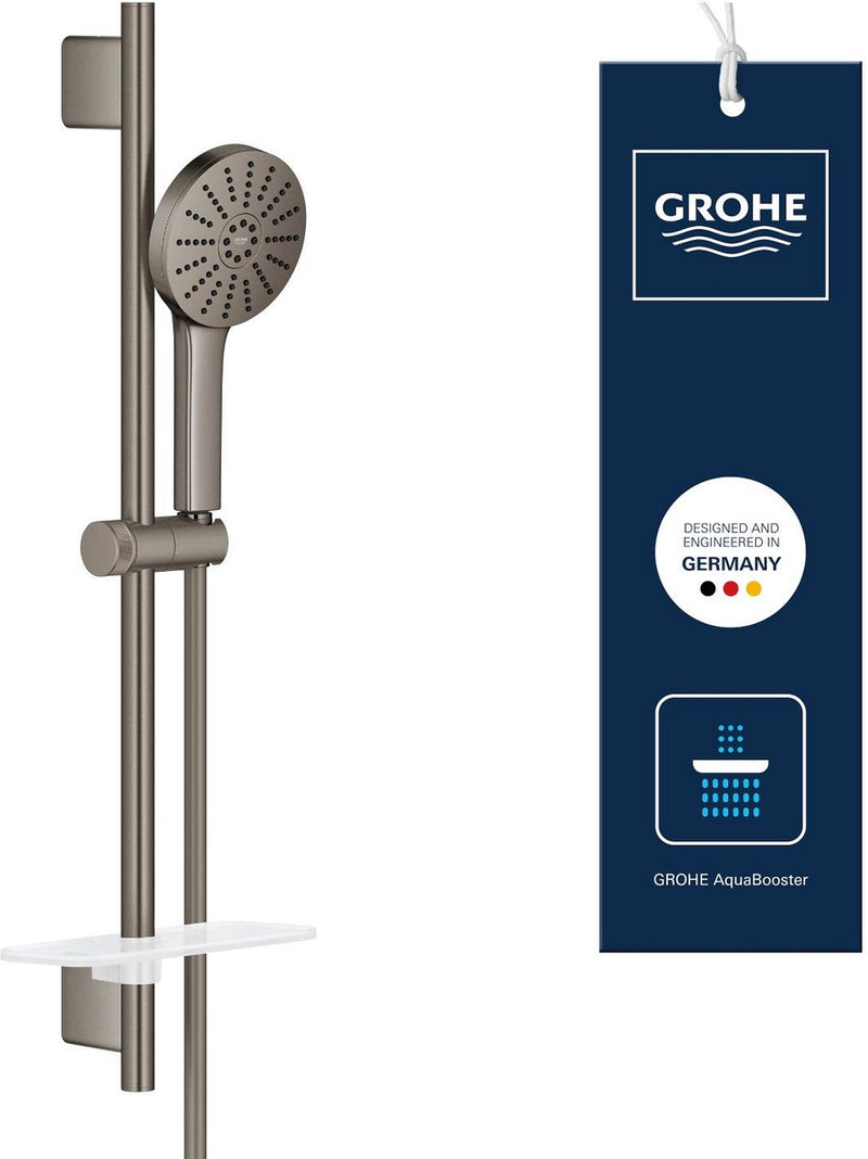 Grohe Vitalio Joy+ 120 Brauseset mit Brausestange – mit Brausekopf, Brauseschlauch Seifenschale – 3 Strahlarten – Aqua-Booster – wassersparend (7l min) – Hartgraphit gebürstet