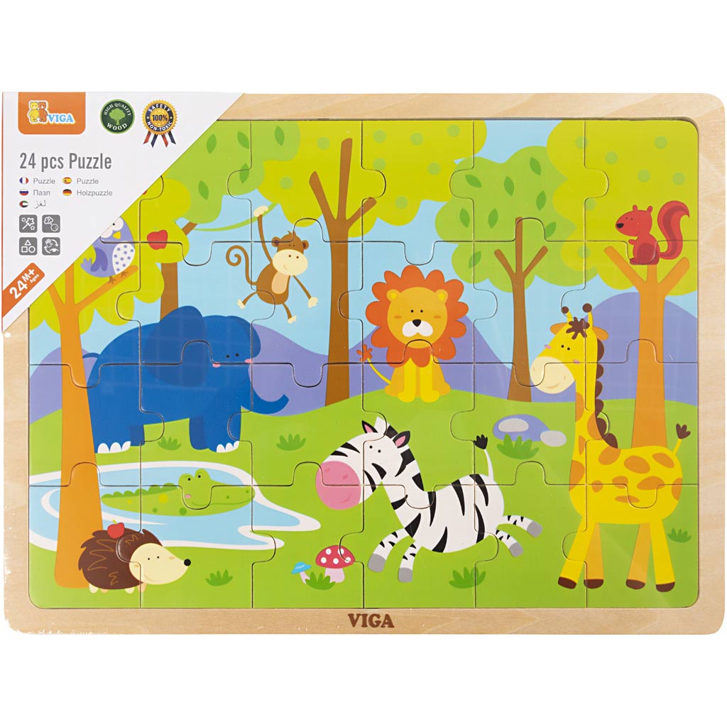 Viga Holzpuzzle, Safaritiere, Größe 30x22,5 cm, 24 Teile, 1 Stück