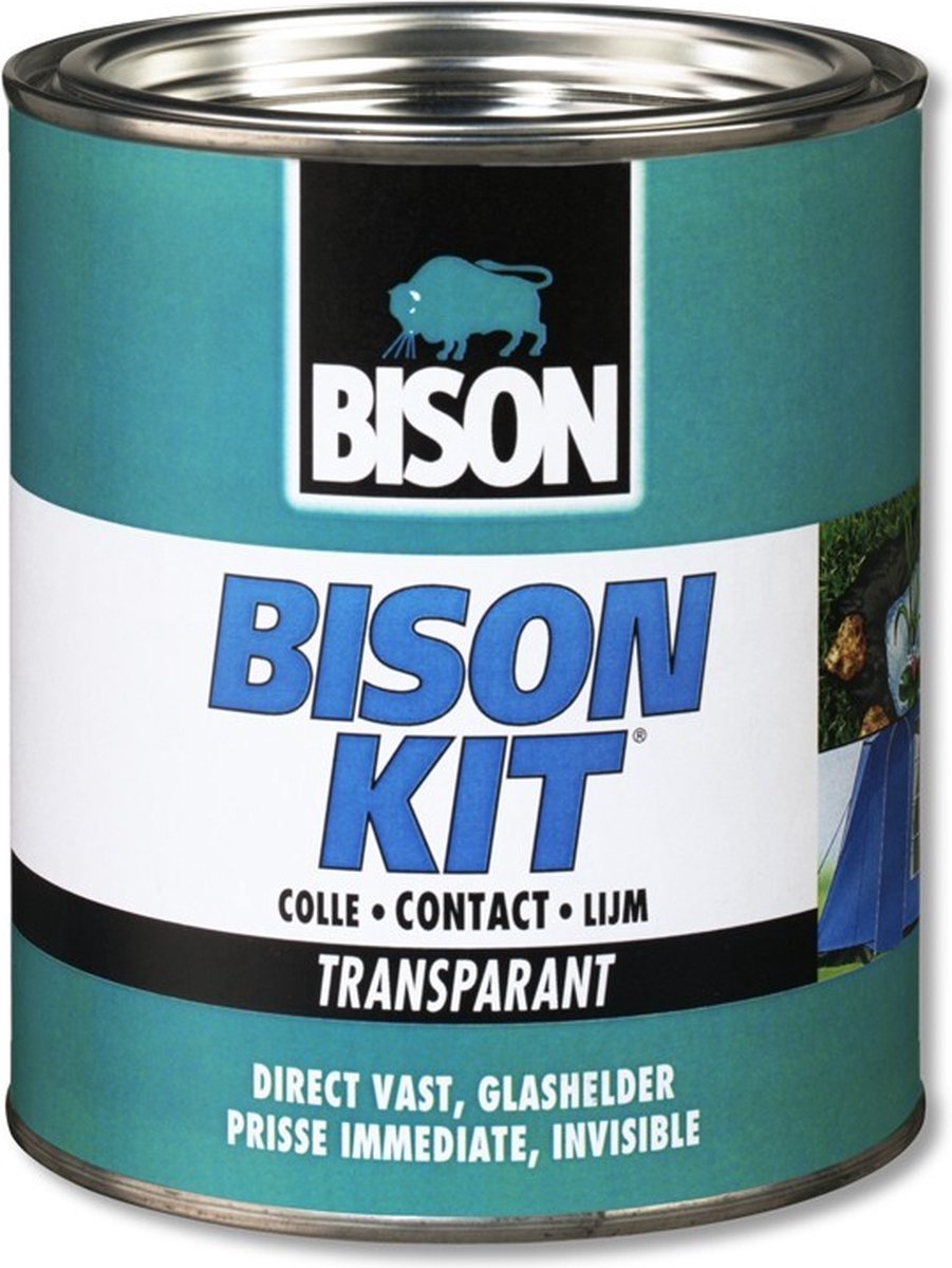 Bison Kit® transparente Dose 750 ml, glasklar, stark, universeller Kontaktkleber, feuchtigkeitsbeständig, frostbeständig, -40°C bis +70°C, einfach zu verarbeiten
