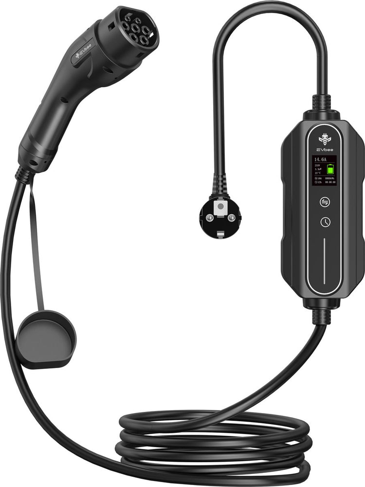 Evbee Flex-Ladegerät – Schuko auf (EV) Typ 2 – Infobildschirm – Ladezeitanzeige