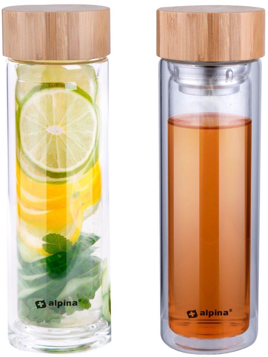 Alpina Glastrinkflasche mit Filter – doppelwandige Wasserflasche 450 ml – mit Bambusverschluss und Tragetasche – Teeflasche mit Teefilter