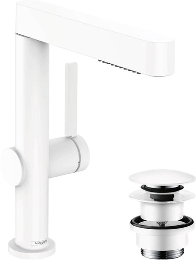 Hansgrohe finoris – Waschtischarmatur – mit Ablaufstopfen – 230 mm – ausziehbare Handbrause – 2 Strahlfunktionen – mattweiß