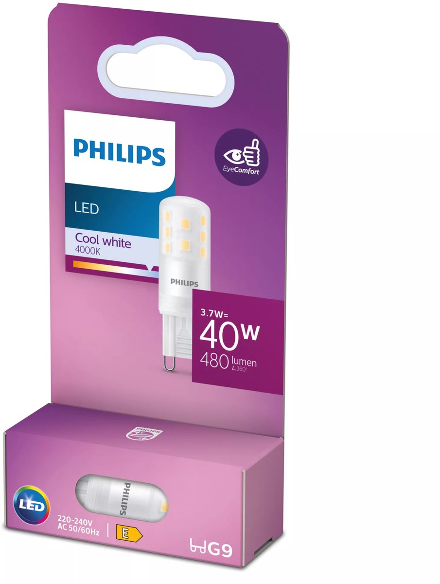 Philips LED-Energiesparkapsel transparent – 40 W – G9 – kaltweißes Licht – Energiekosten sparen