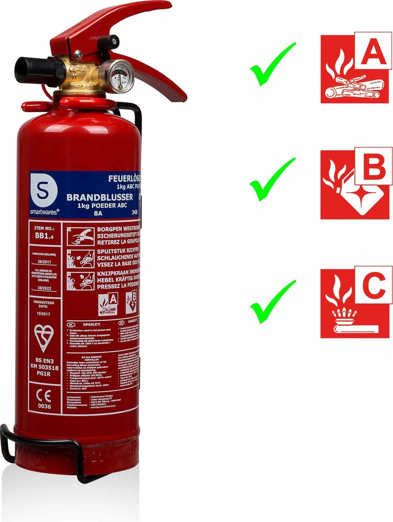 Smartwares 10.018.56 – Feuerlöschpulver 1kg – inklusive Montagehalterung – Brandklasse ABC – BSI zertifiziert