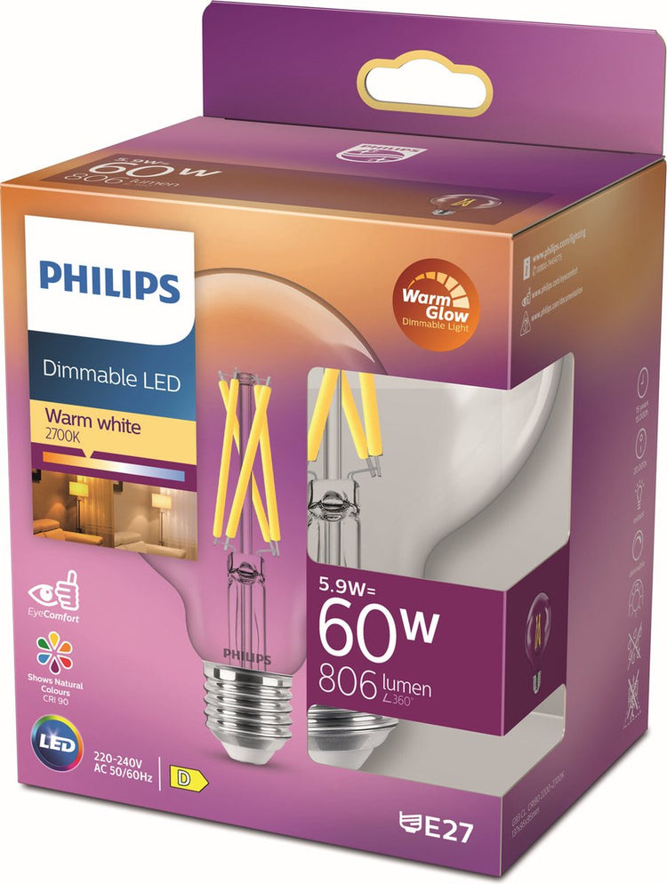 Philips LED Globe G95 E27 5,9–60 W Filament klar Warmglow Blister – 5103261