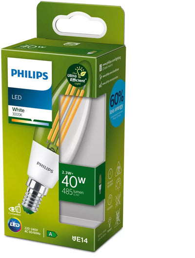 Philips LED Philips ultraeffiziente LED-Kerzenlampe transparent – 40 W – E14 – weißes Licht