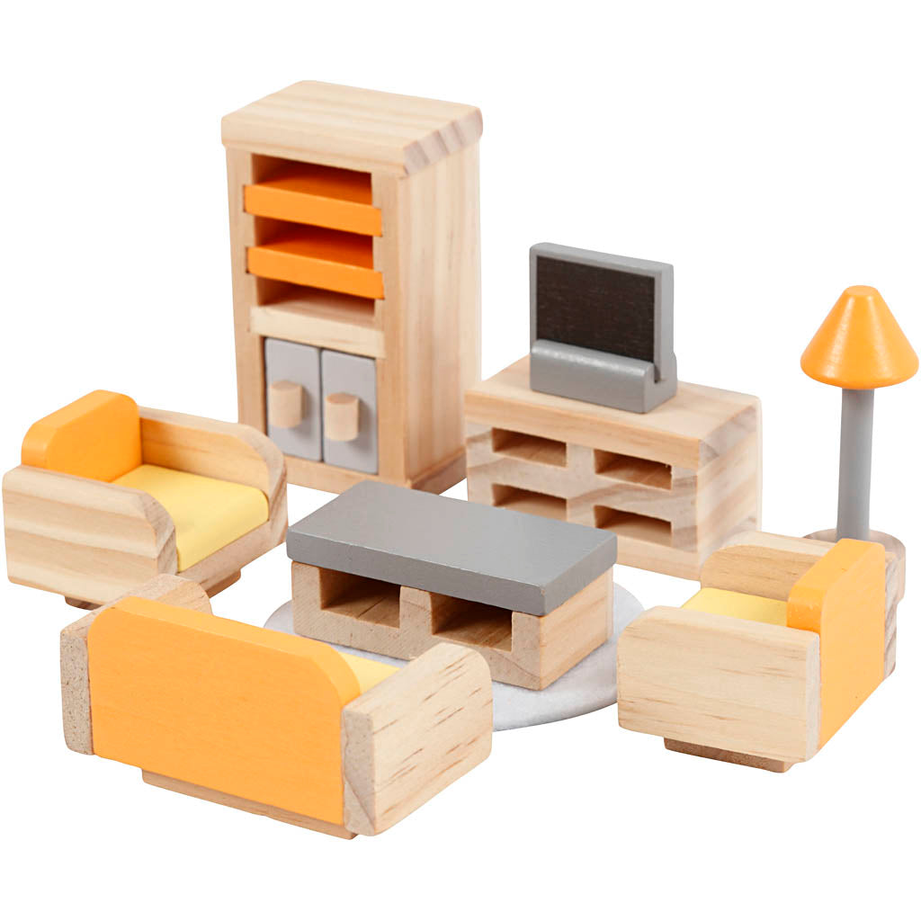 Viga-Möbel für Puppenhaus, Wohnzimmer, Maße 2x2x7,5 cm, 8 Teile 1 Set