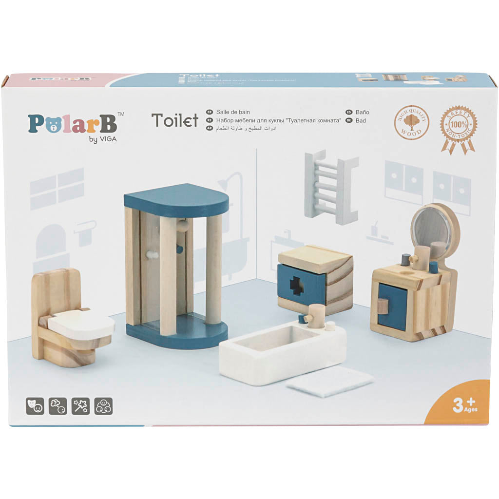 Viga-Möbel für Puppenhaus, Badezimmer, Maße 2x2x7,5 cm, 7 Teile 1 Set