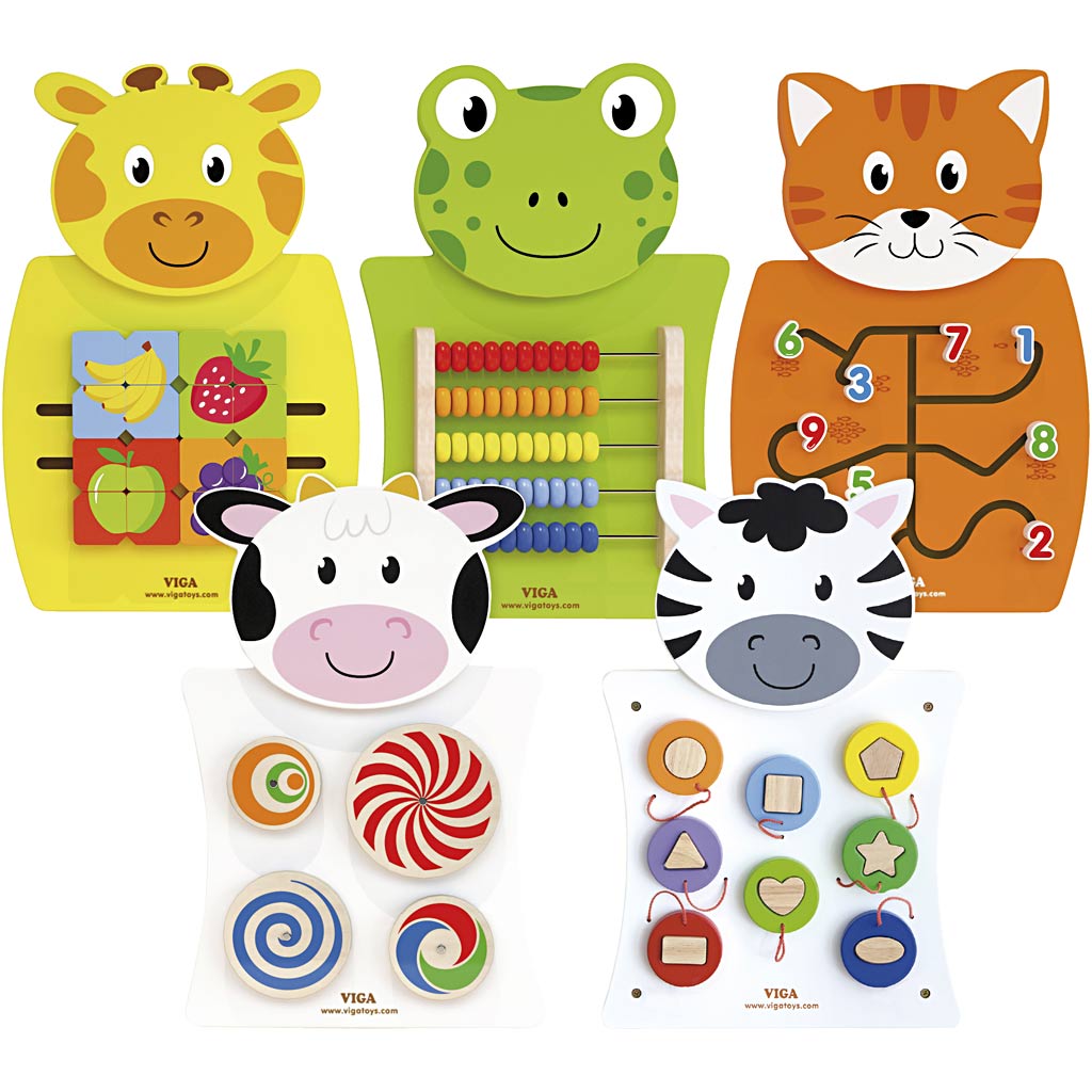 Viga Aktivitätsbrett, Kuh, Katzen, Frosch, Zebra und Giraffe, Maße 36x55x3,5 cm, 5 Teile 1 Box