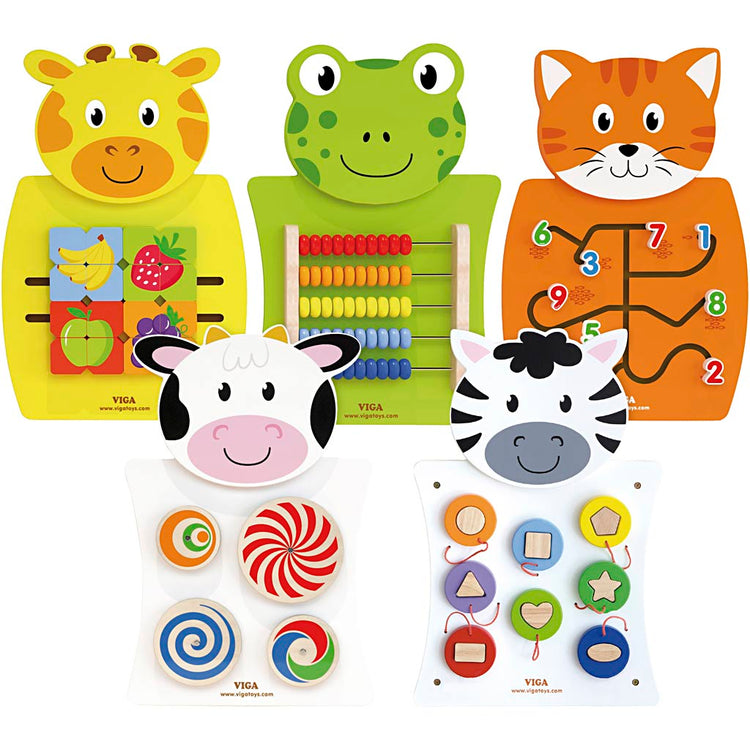 Viga Aktivitätsbrett, Kuh, Katzen, Frosch, Zebra und Giraffe, Maße 36x55x3,5 cm, 5 Teile 1 Box