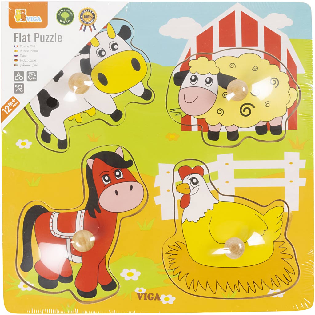 Viga Holzknopfpuzzle, Bauernhoftiere, Größe 22x22 cm, 4 Teile, 1 Stück