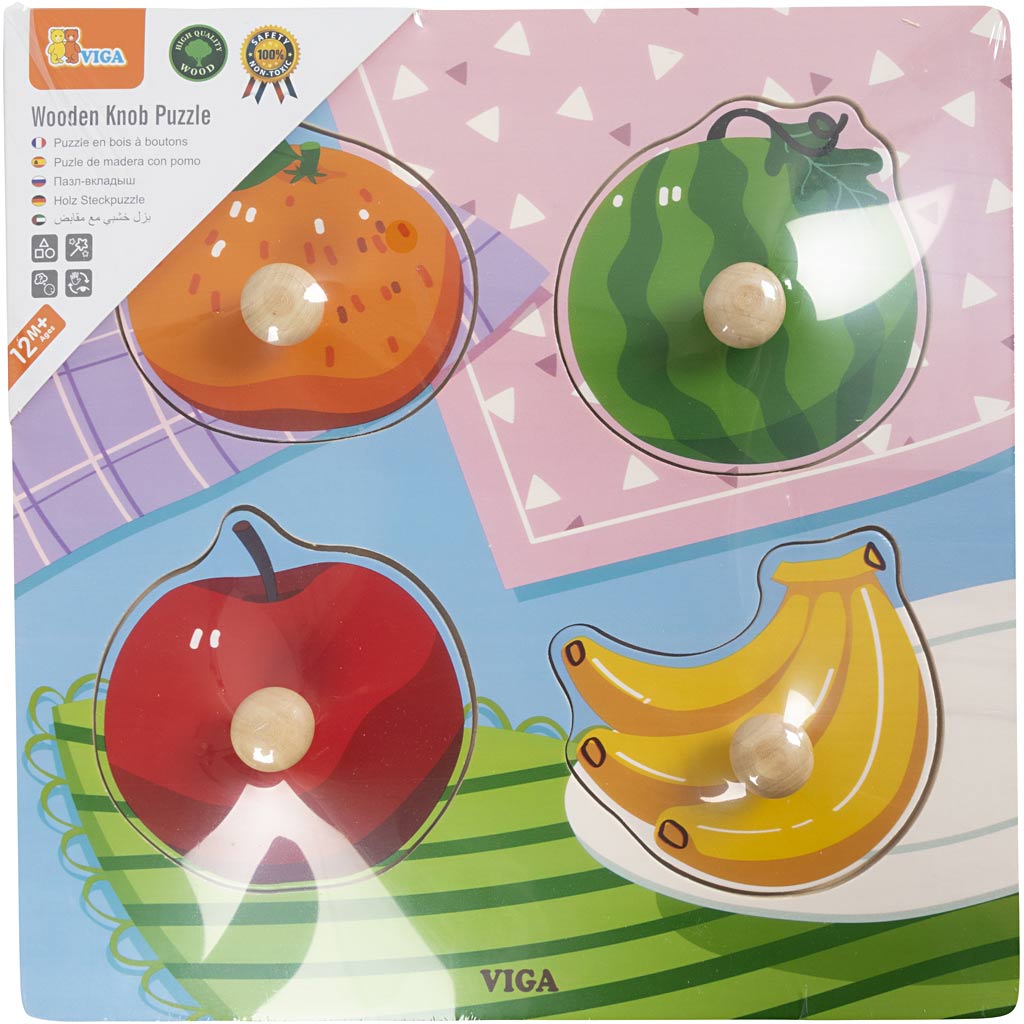 Viga Holzknopfpuzzle, Obst, Größe 22x22 cm, 4 Teile, 1 Stück