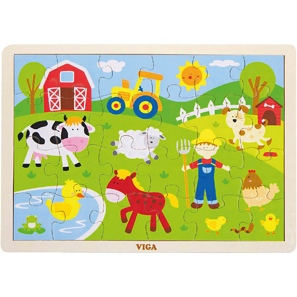 Viga Holzpuzzle, Bauernhoftiere, Größe 30x22,5 cm, 24 Teile, 1 Stück