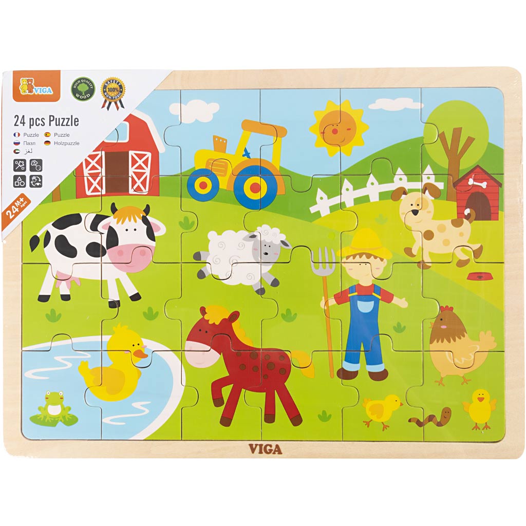 Viga Holzpuzzle, Bauernhoftiere, Größe 30x22,5 cm, 24 Teile, 1 Stück