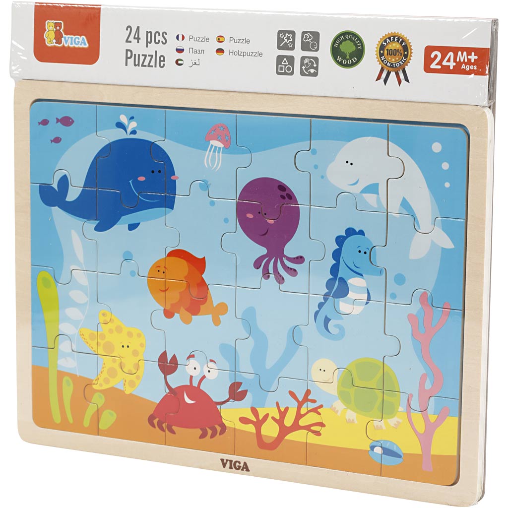 Viga Holzpuzzle, Meerestiere, Größe 30x22,5 cm, 24 Teile, 1 Stück