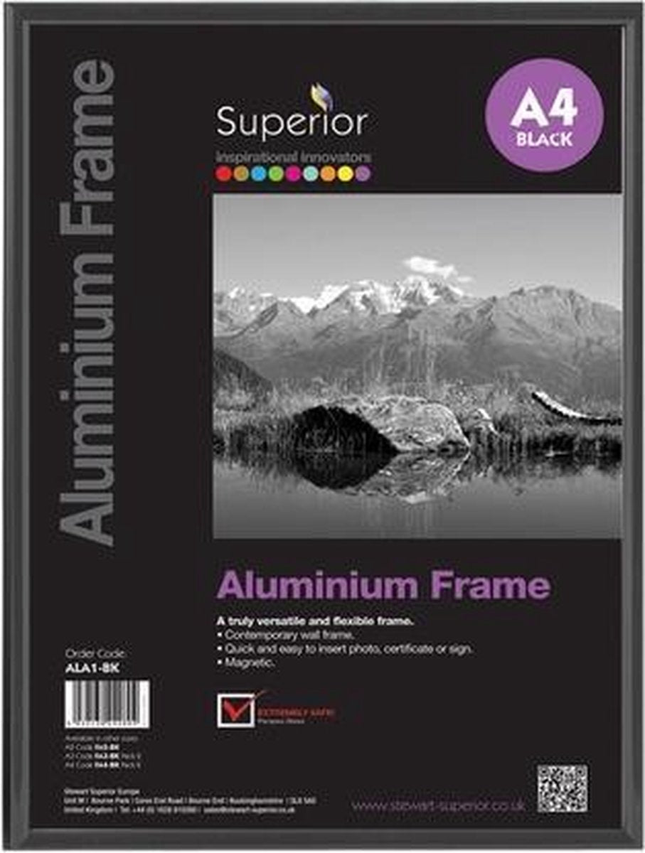 Seco Fotorahmen A4 – 21 x 29,7 cm – schwarz gebürstetes Aluminium – mit Ständer – 11 mm Rahmen – se-ala4-bk