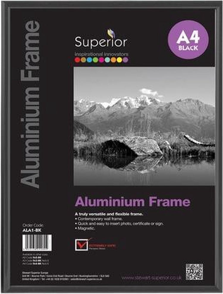 Seco Fotorahmen A4 – 21 x 29,7 cm – schwarz gebürstetes Aluminium – mit Ständer – 11 mm Rahmen – se-ala4-bk