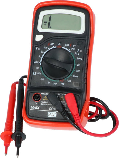Carpoint Digitalmultimeter – misst verschiedene Spannungen, Widerstandsdiodenmessungen – übersichtliche Digitalanzeige – 7 Zeichen und 15 mm hoch – Funktionsbereichsschalter – 2 farbcodierte Kabel