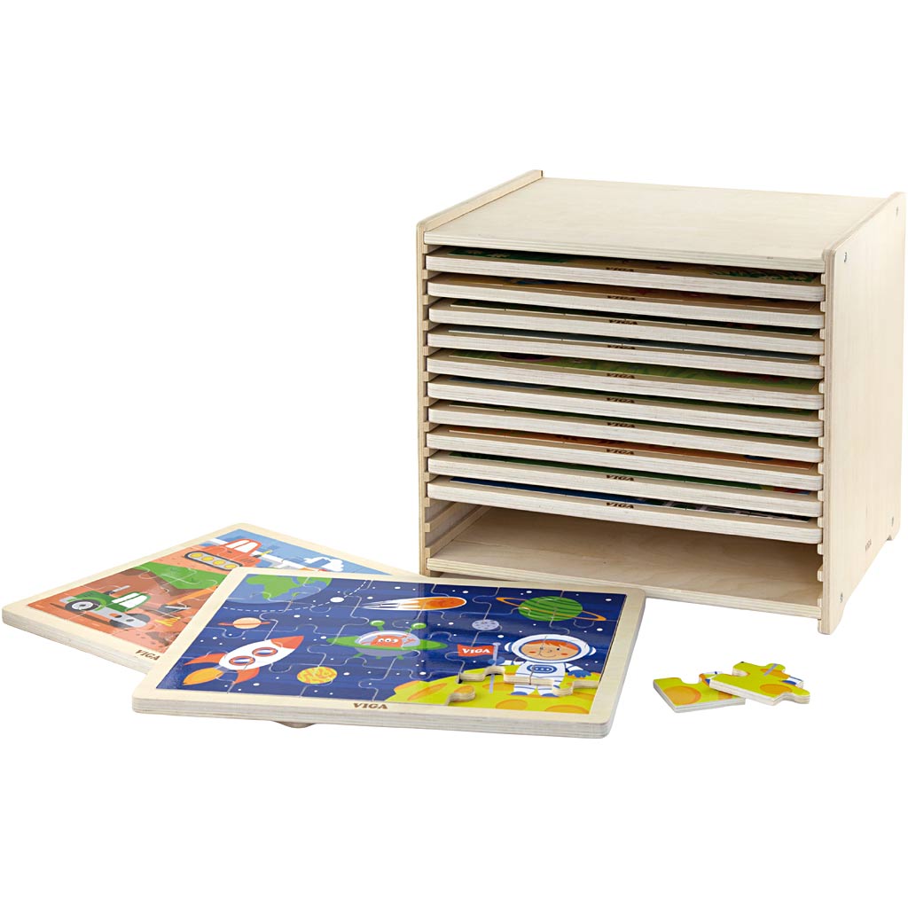 Viga Puzzleständer mit 12 Puzzles, H: 275, L: 315 mm, B: 235 mm, Maße 31x27x23 cm, 12x24 Teile, 12 Teile 1 Set
