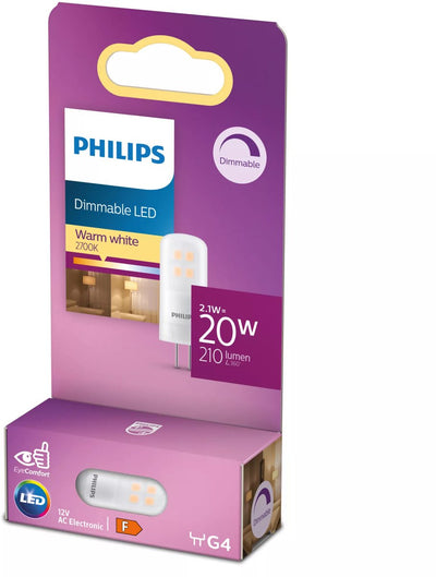 Philips LED-Energiesparkapsel transparent – 20 W – G4 – dimmbares warmweißes Licht – Energiekosten sparen
