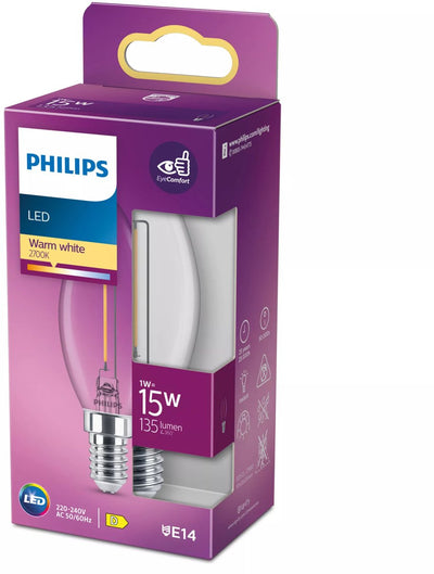Philips LED-Lampe – Kerzenlampe mit E14-Fassung – warmweißes Licht: 2700 K – 15 W – klares Glas