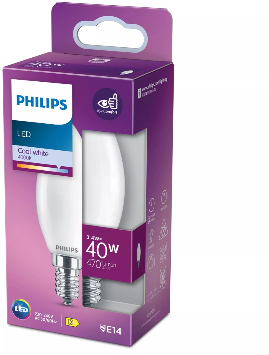Philips LED-Lampe – Kerzenlampe mit E14-Fassung – kaltweißes Licht: 4000 K – 40 W – Milchglas