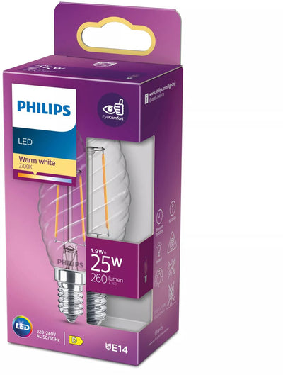 Philips LED-Lampe – Kerzenlampe mit E14-Fassung – warmweißes Licht: 2700 K – 25 W – klares geripptes Glas