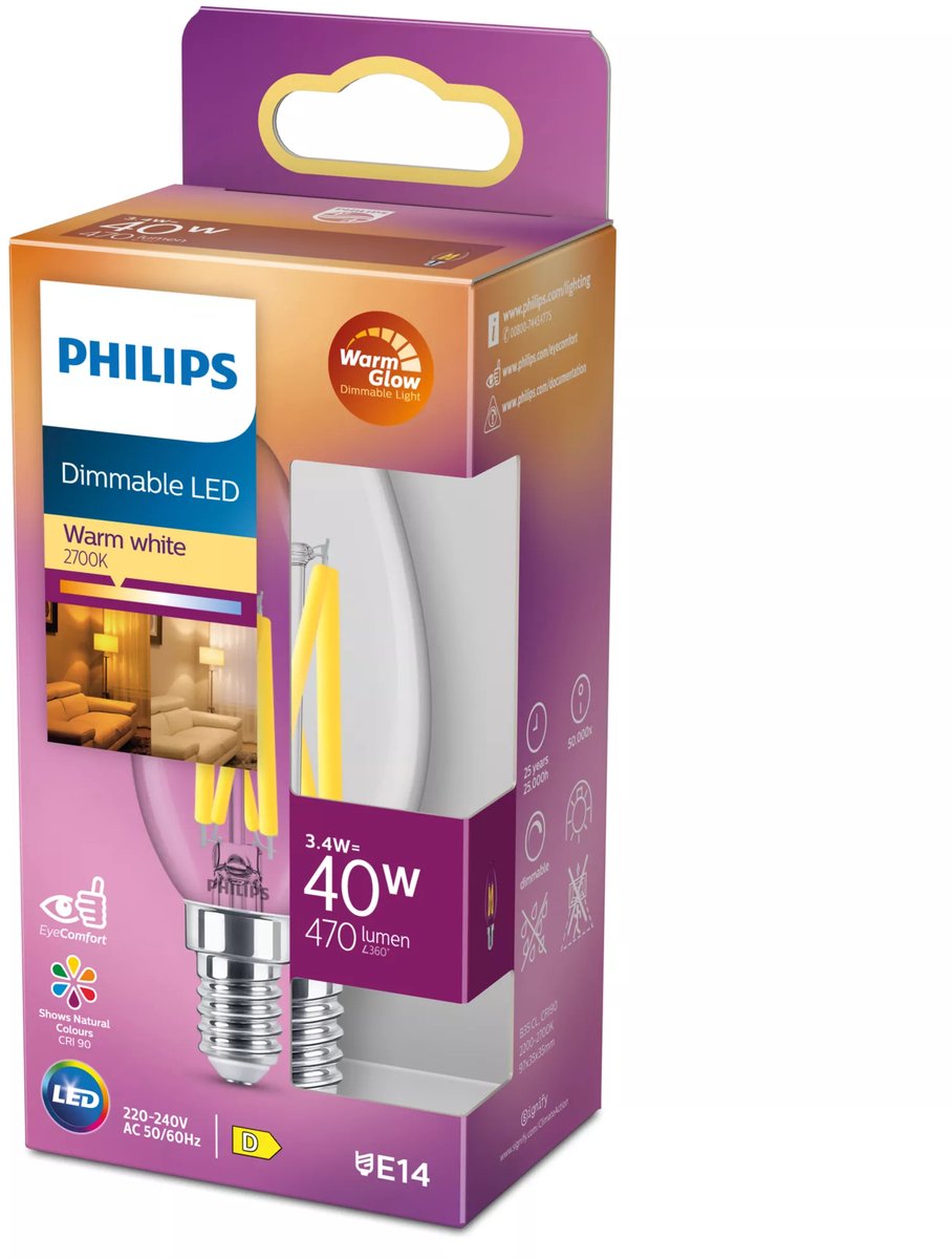 Philips LED-Kerze transparent – 40 W – E14 – dimmbares warmweißes Licht