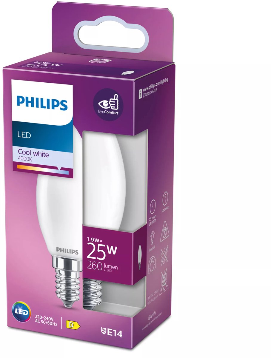 Philips LED-Lampe – Kerzenlampe mit E14-Fassung – kaltweißes Licht: 4000 K – 25 W – Milchglas