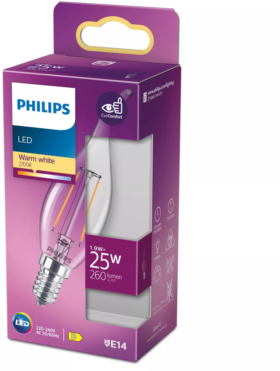 Philips LED-Kerze mit Spitze, E14, 2–25 W, 2700 K, Filament, klare Blisterpackung – 5100554