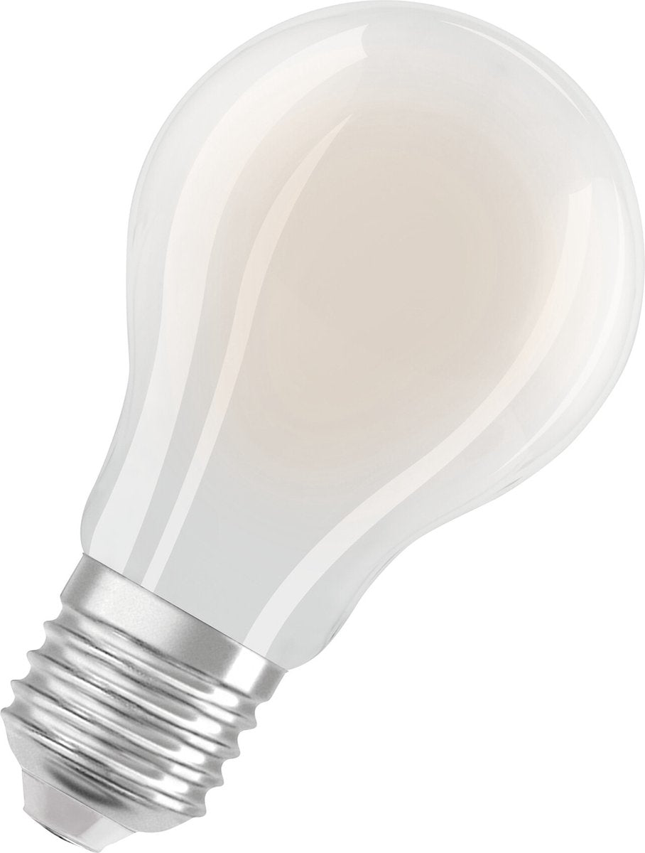 LED-Lampe der Energieklasse Osram in klassischer Glühbirnenform, 7,2 W 1521 lm, EEK A, kaltweißes Licht (4000 K), Cri 80, aus mattem bleifreiem Glas, E27-Fassung, IP20, 60 mm Durchmesser.
