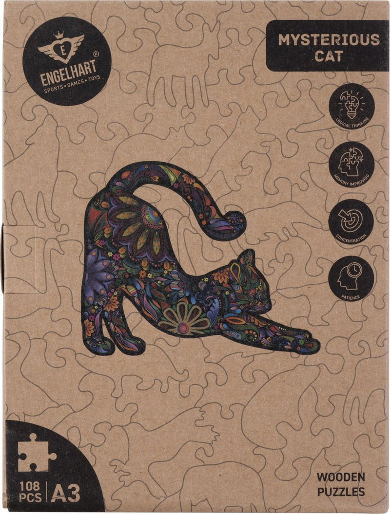 Engelhart Holzpuzzle Katze – 108 einzigartige Puzzleteile – großes Holzpuzzle im A3-Format – Tierpuzzlespiel – kompaktes und entspannendes Denkspiel – inklusive Aufbewahrungsbox –