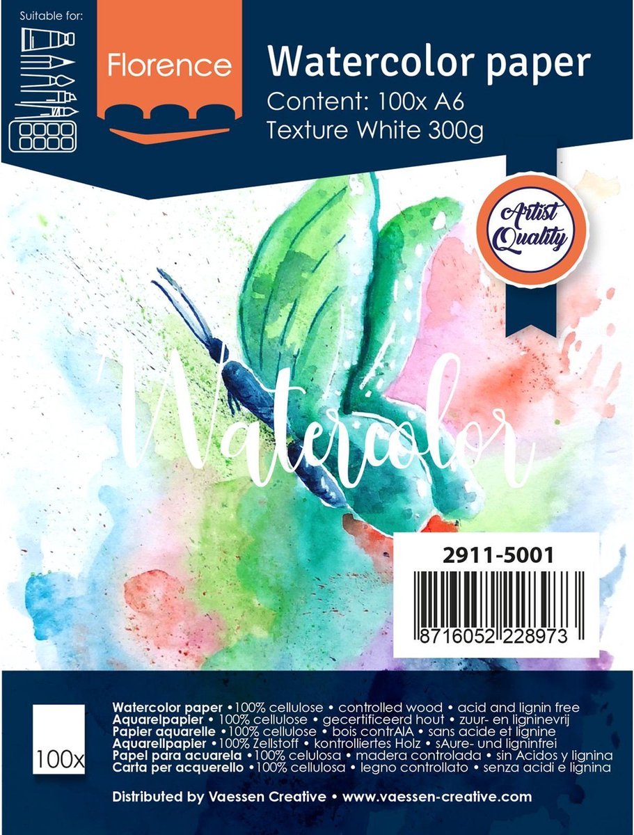 Florence Vaessen Aquarellpapier – intensives Weiß – A6 – 300 Gramm – leichte Struktur – Textur – Florenz – 100 Blatt