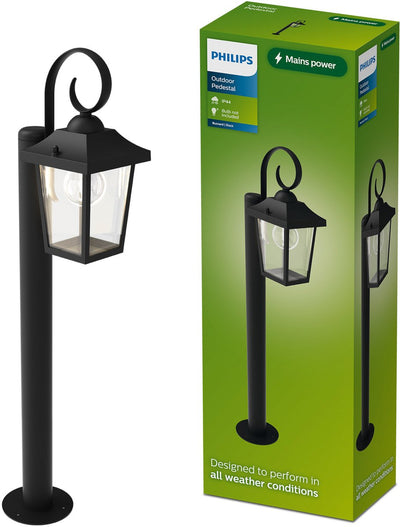Philips LED Philips Buzzard Sockelleuchte – Außenbeleuchtung – E27-Fassung – Wetterfest: IP44 – Schwarz – hochwertiges Aluminium und Glas – klassisches Design