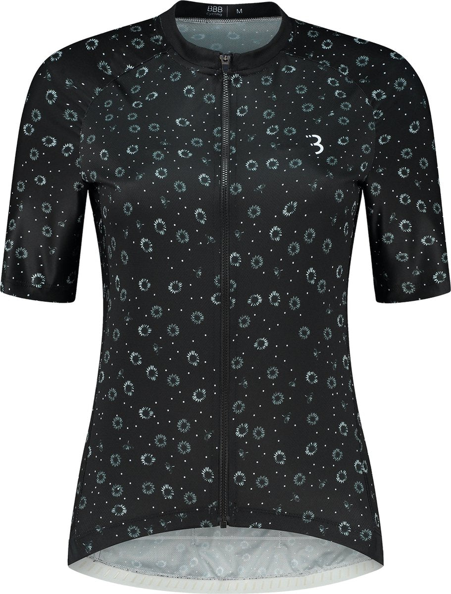 BBB Cycling Donnafit R – nachhaltiges Radsportshirt Damen Kurzarm – 15–25 °C – atmungsaktives MTB- und Radsportshirt – 3 Rückentaschen – schwarz geblümt