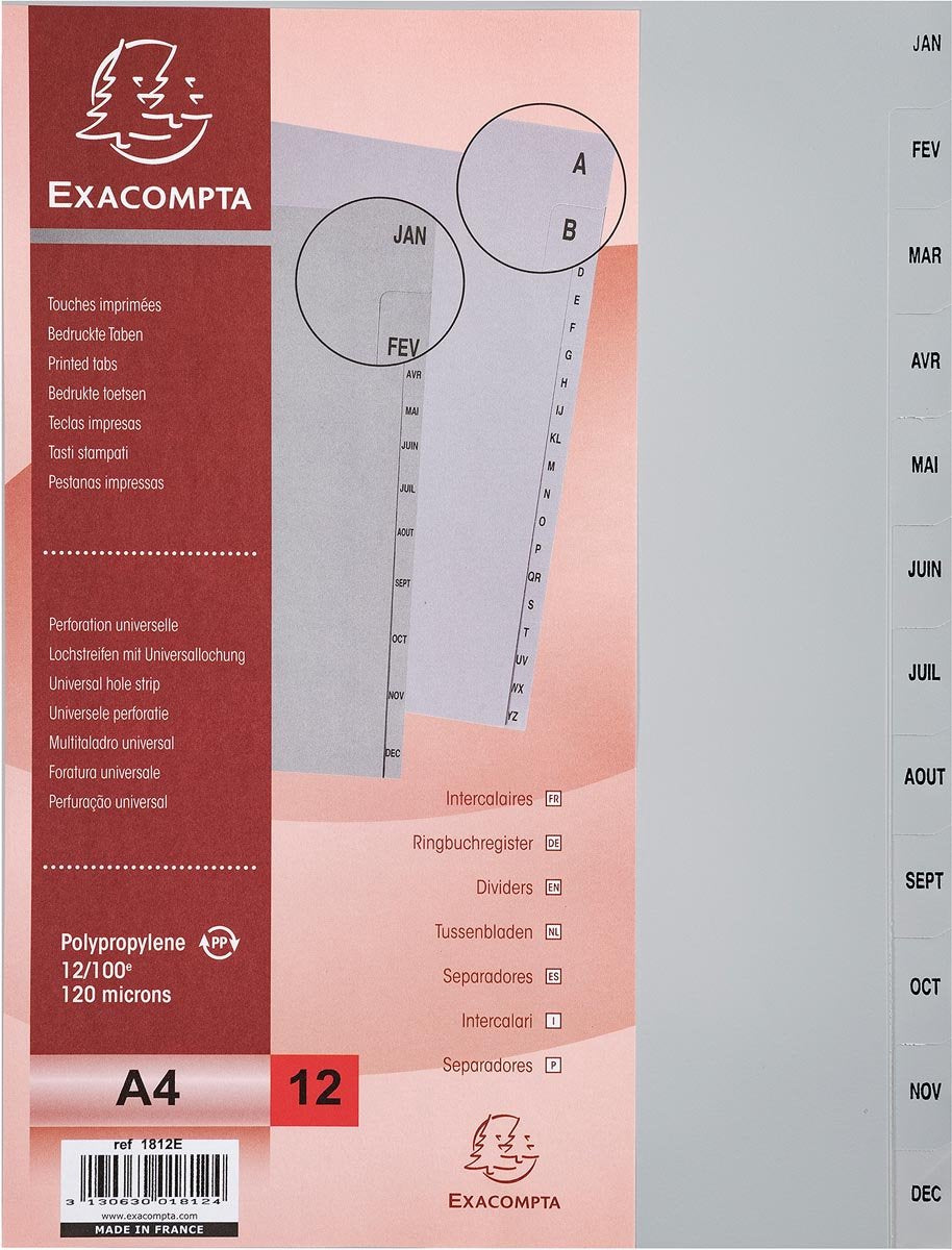Exacompta-Tabs monatlich A4, ab PP, 12 Tabs, Jan-Dez, grau, Französisch