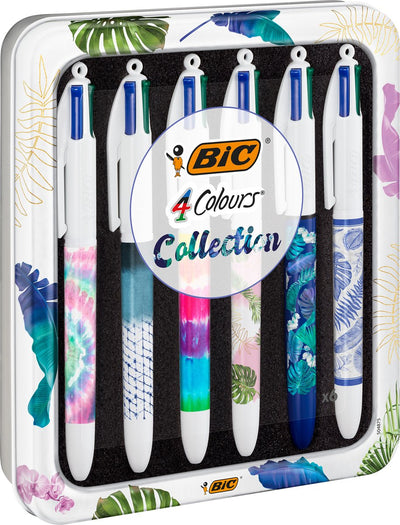 Bic 4-Farben-Kugelschreiber – botanische und Batik-Dekore – Geschenkbox mit 6 Stiften – mittlere Spitze 1 mm