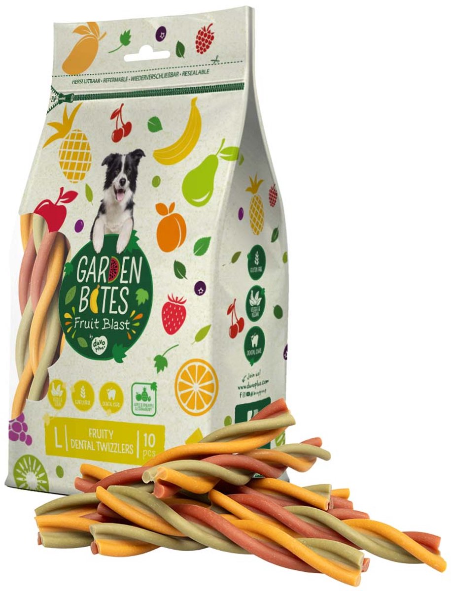 Duvo plus Garden Bites – fruchtige Dental Twizzlers Hundesnacks – Hundeleckerlis – vegetarisch, glutenfrei – groß 10 Stück
