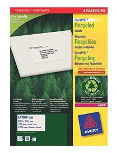 Avery recycelte weiße Laseretiketten, Quickpeel-Format, 635 x 381 mm (B x H), 2.100 Stück, 21 pro Blatt