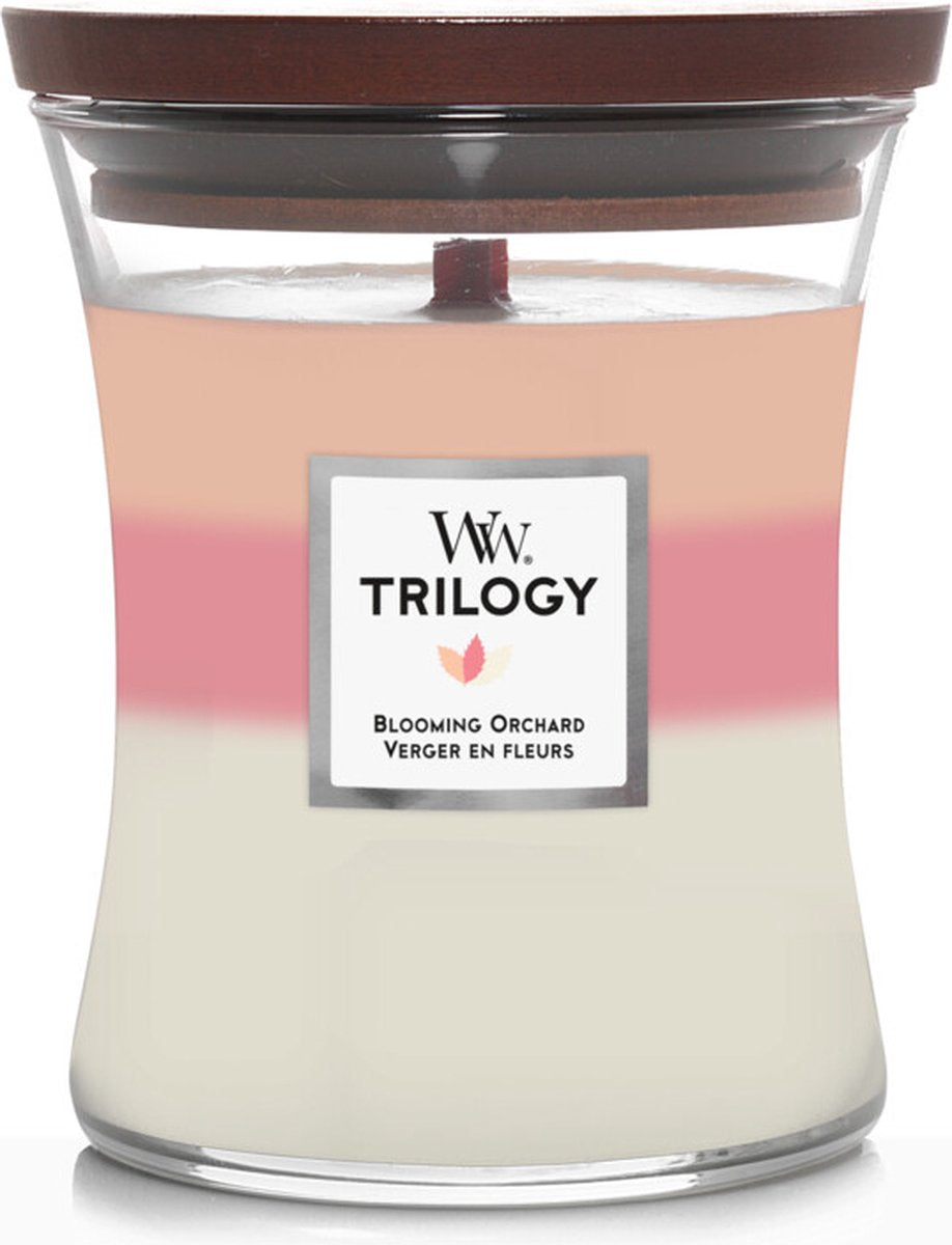 Woodwick Hourglass Trilogy mittelgroße Duftkerze – blühender Obstgarten – 60 Brennstunden