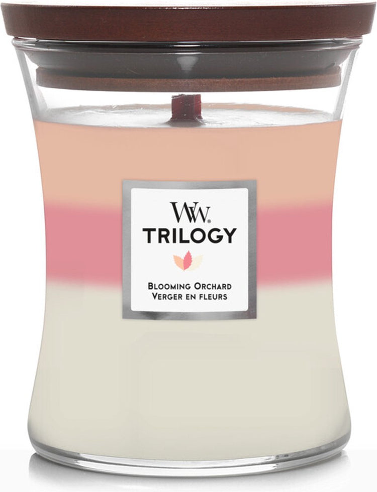 Woodwick Hourglass Trilogy mittelgroße Duftkerze – blühender Obstgarten – 60 Brennstunden