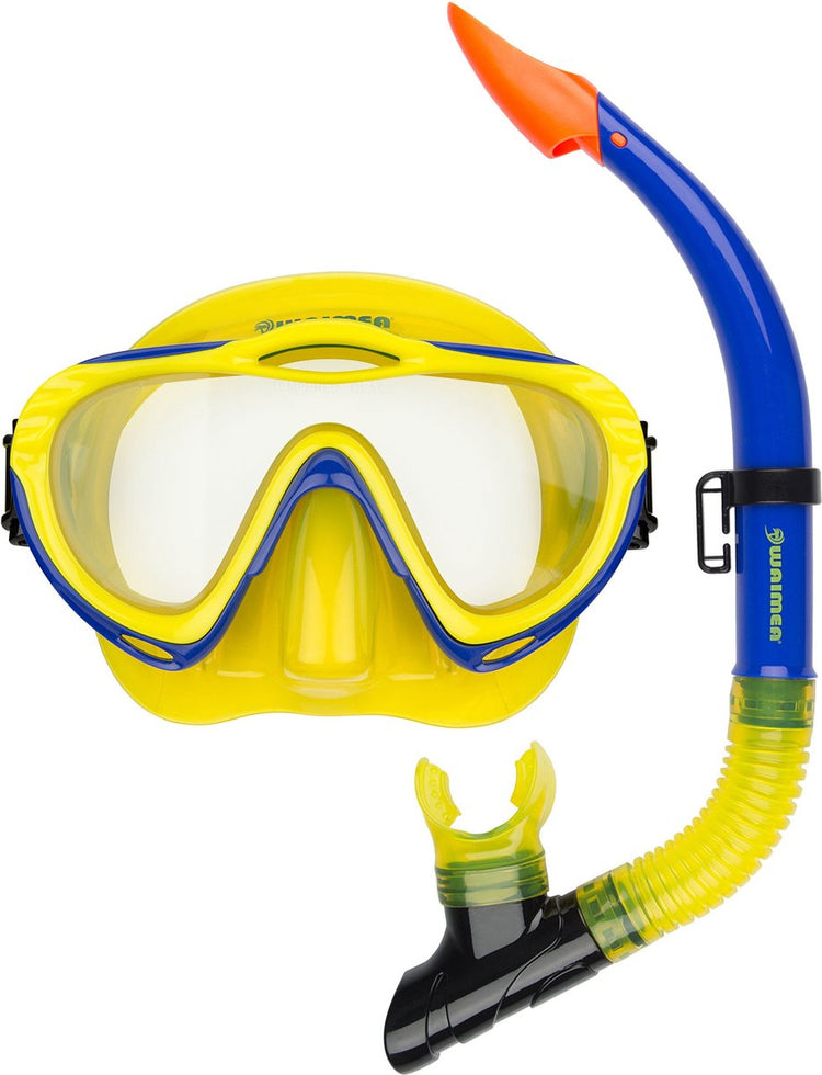 Waimea Taucherbrille mit Schnorchel – Kinder – Gelb Blau – Linse aus gehärtetem Glas
