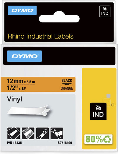 Dymo Rhino Industrie-Vinyletiketten | 12 mm x 5,5 m | schwarzer Druck auf Orange | Selbstklebende Etiketten für Rhino Label Manager-Etikettendrucker