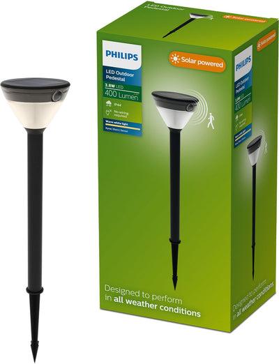 Philips LED Philips Kyna Solar-Sockellampe – Solarenergie – warmweißes Licht: 2700 K – Schwarz – zwei Lichtmodi – Dämmerungssensor – Bewegungssensor – IP44: wetterfest – Solar-Außenbeleuchtung