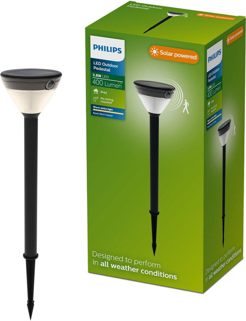 Philips LED Philips Kyna Solar-Sockellampe – Solarenergie – warmweißes Licht: 2700 K – Schwarz – zwei Lichtmodi – Dämmerungssensor – Bewegungssensor – IP44: wetterfest – Solar-Außenbeleuchtung