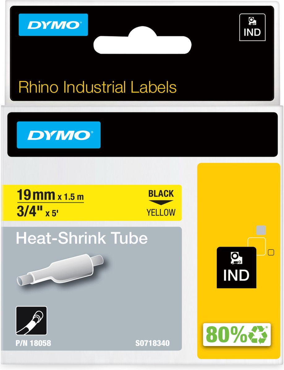 Dymo Rhino industrielle Schrumpfschlauchetiketten | 19 mm x 1,5 m | schwarzer Druck auf gelb | für Rhino-Etikettendrucker
